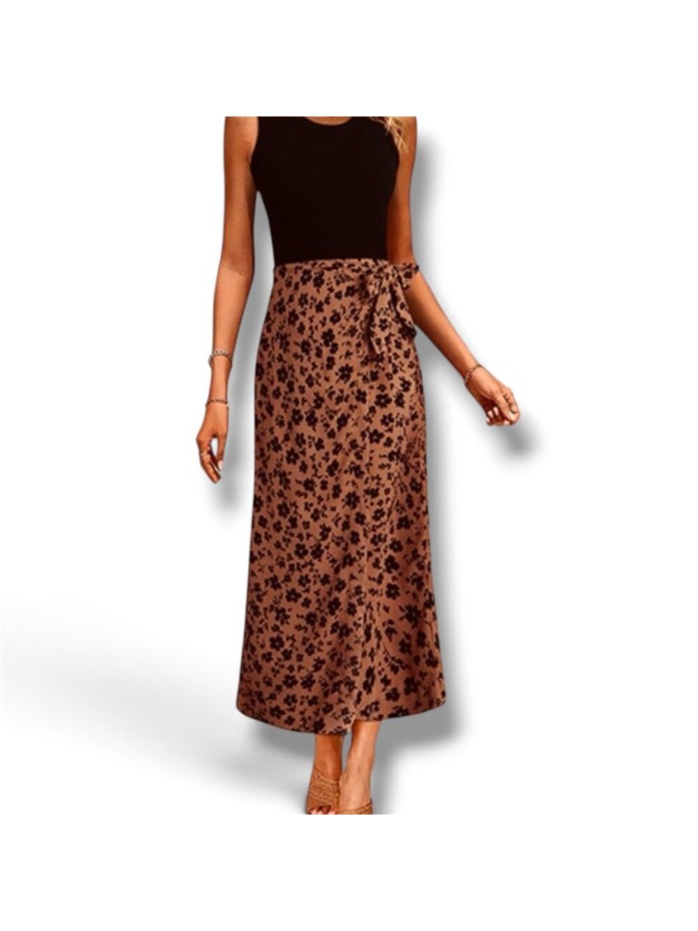 Brown Black Floral Wrap Midi Skirt Womens Small Tie Waist Elastic New